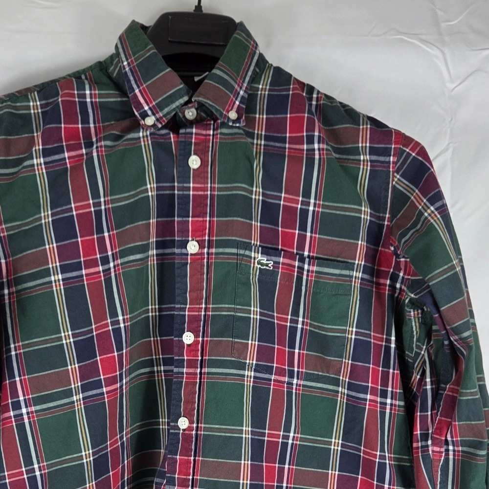 Lacoste Mens Plaid Button Down Shirt XL Regular Fit Green Red Long Sleeve